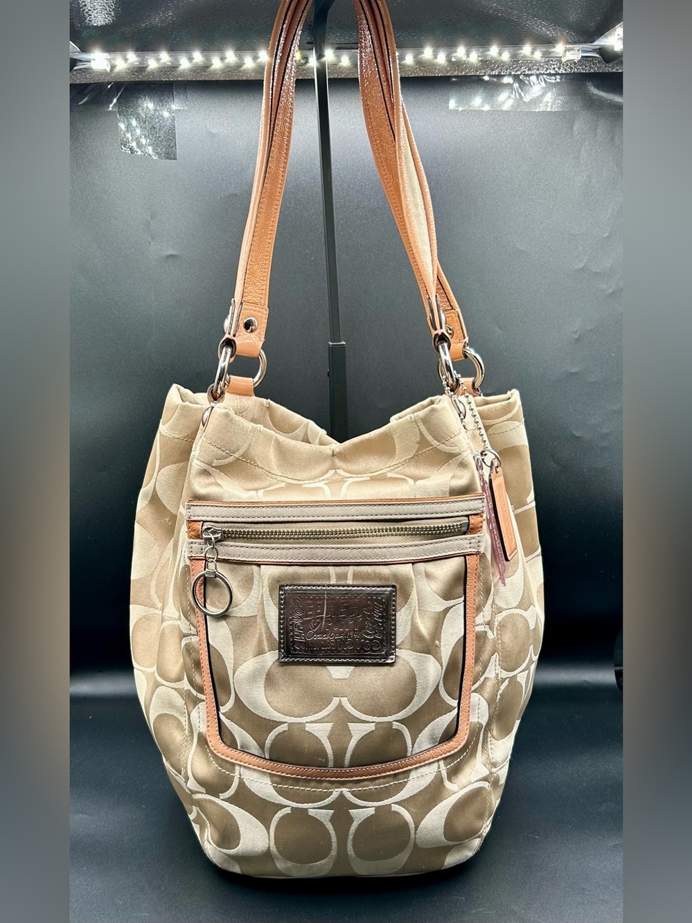 COACH Poppy Signature Tote Shoulder Bag with Tan Leather Handles.